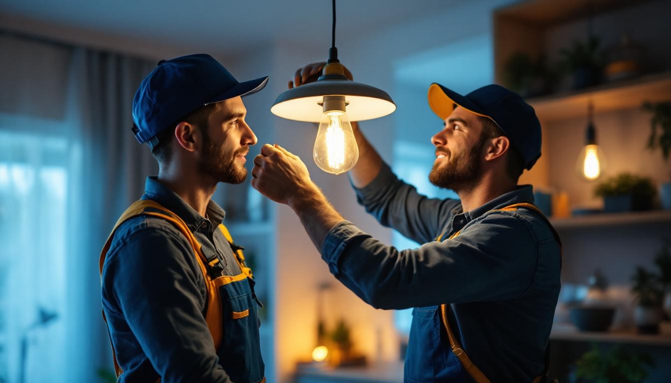 A photograph of a lighting contractor skillfully installing a stylish light fixture in a modern home setting