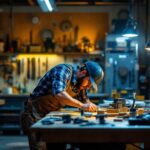 A photograph of a well-lit workspace featuring hyperlite shop lights in action