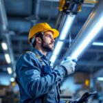 A photograph of a lighting contractor expertly installing t8 type b led tubes in a commercial space