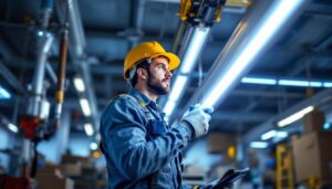 A photograph of a lighting contractor expertly installing t8 type b led tubes in a commercial space