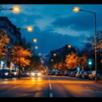 A photograph of a well-lit urban street scene at dusk