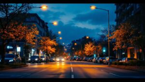 A photograph of a well-lit urban street scene at dusk