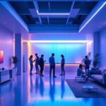 A photograph of a modern indoor space featuring germicidal uv-c lighting in action