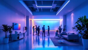 A photograph of a modern indoor space featuring germicidal uv-c lighting in action