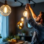 A photograph of a skilled lighting contractor carefully hanging an elegant light fixture in a stylish interior setting