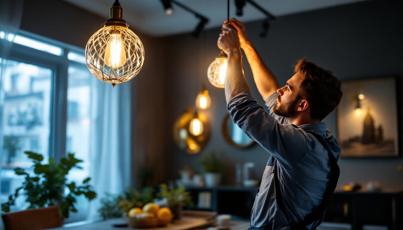 A photograph of a skilled lighting contractor carefully hanging an elegant light fixture in a stylish interior setting