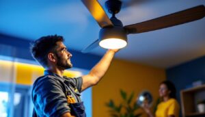 A photograph of a lighting contractor installing a modern replacement light fixture in a stylish ceiling fan