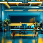 A photograph of a well-lit office space featuring modern fluorescent lighting