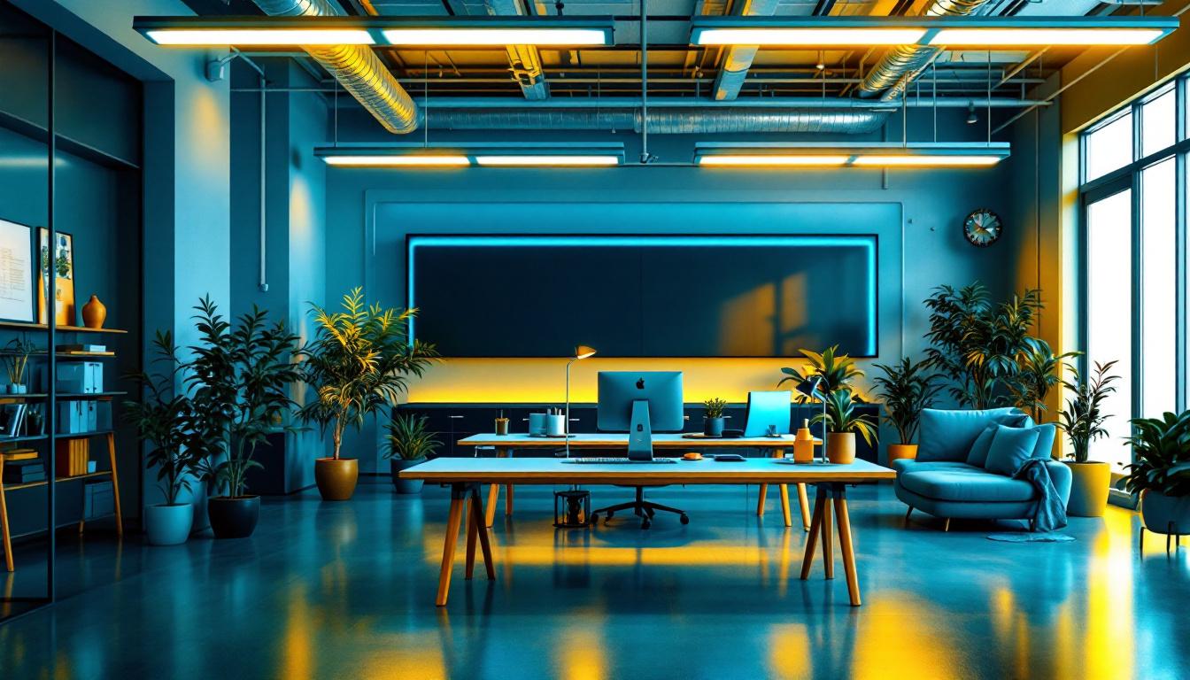 A photograph of a well-lit office space featuring modern fluorescent lighting