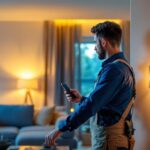 A photograph of a lighting contractor installing a remote dimmable light switch in a modern home setting