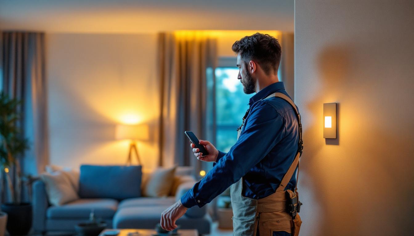 A photograph of a lighting contractor installing a remote dimmable light switch in a modern home setting