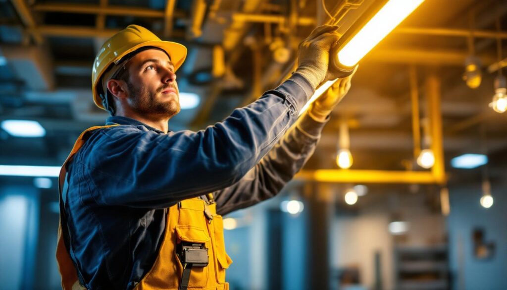 A photograph of a skilled lighting contractor installing led lights and ballasts in a modern commercial space