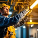 A photograph of a skilled lighting contractor installing led lights and ballasts in a modern commercial space
