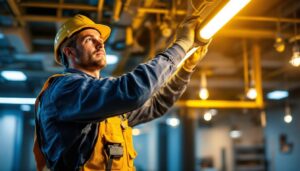 A photograph of a skilled lighting contractor installing led lights and ballasts in a modern commercial space