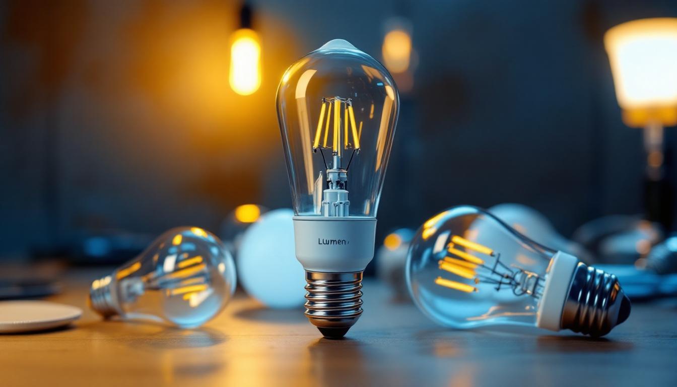 A photograph of a modern lighting setup showcasing various led bulbs with their lumen and wattage labels visible