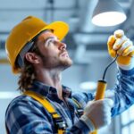 A photograph of a lighting contractor at work