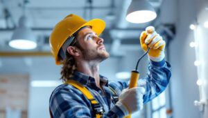 A photograph of a lighting contractor at work