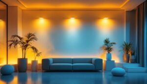 A photograph of a beautifully designed interior space illuminated by can light 6 inch fixtures