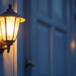 A photograph of a beautifully illuminated outside door light fixture