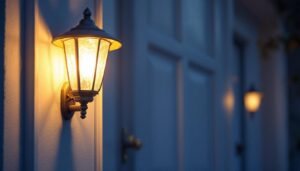 A photograph of a beautifully illuminated outside door light fixture