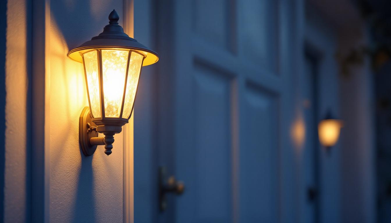 A photograph of a beautifully illuminated outside door light fixture