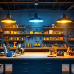 A photograph of a well-lit workshop or garage featuring hard-wired led shop lights in action
