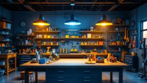 A photograph of a well-lit workshop or garage featuring hard-wired led shop lights in action