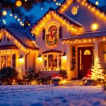 A photograph of a beautifully decorated home exterior adorned with vibrant