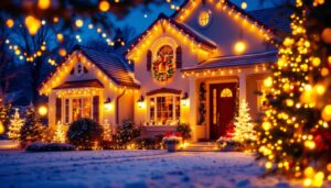 A photograph of a beautifully decorated home exterior adorned with vibrant