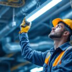 A photograph of a lighting contractor expertly installing ballast fluorescent lights in a commercial setting