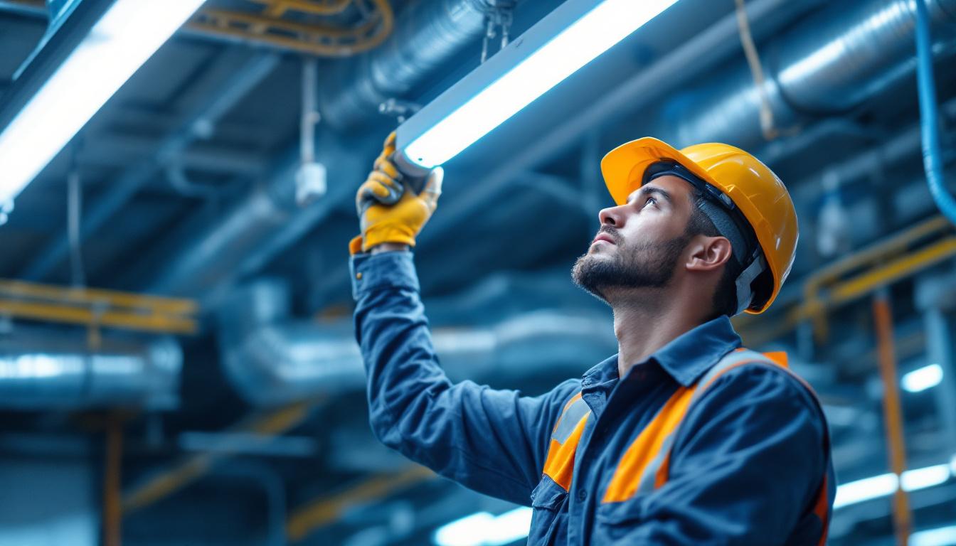 A photograph of a lighting contractor expertly installing ballast fluorescent lights in a commercial setting