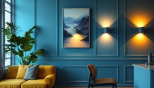 A photograph of a beautifully designed interior space featuring stylish wall accent lights that highlight artwork or architectural features