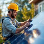 A photograph of a lighting contractor installing solar lights in a residential backyard