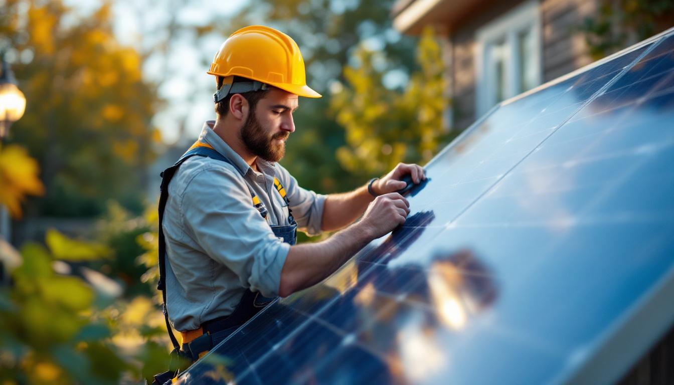 A photograph of a lighting contractor installing solar lights in a residential backyard