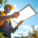 A photograph of a lighting contractor installing a sleek
