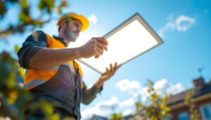 A photograph of a lighting contractor installing a sleek