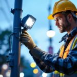 A photograph of a lighting contractor installing or inspecting a lamppost sensor in an urban setting