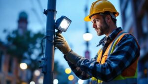 A photograph of a lighting contractor installing or inspecting a lamppost sensor in an urban setting