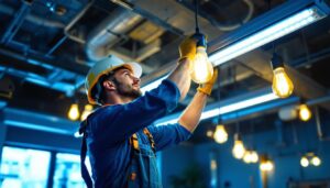 A photograph of a lighting contractor installing led 8 ft bulbs in a commercial space