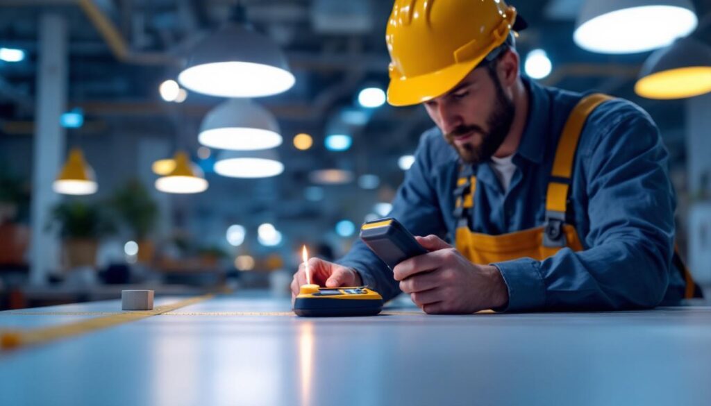 A photograph of a lighting contractor measuring foot candles in a well-lit space