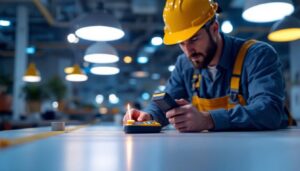 A photograph of a lighting contractor measuring foot candles in a well-lit space