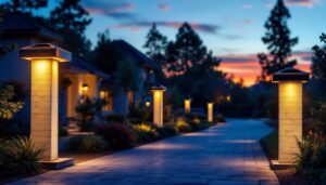 A photograph of a beautifully illuminated driveway with stylish solar lights adorning the pillars