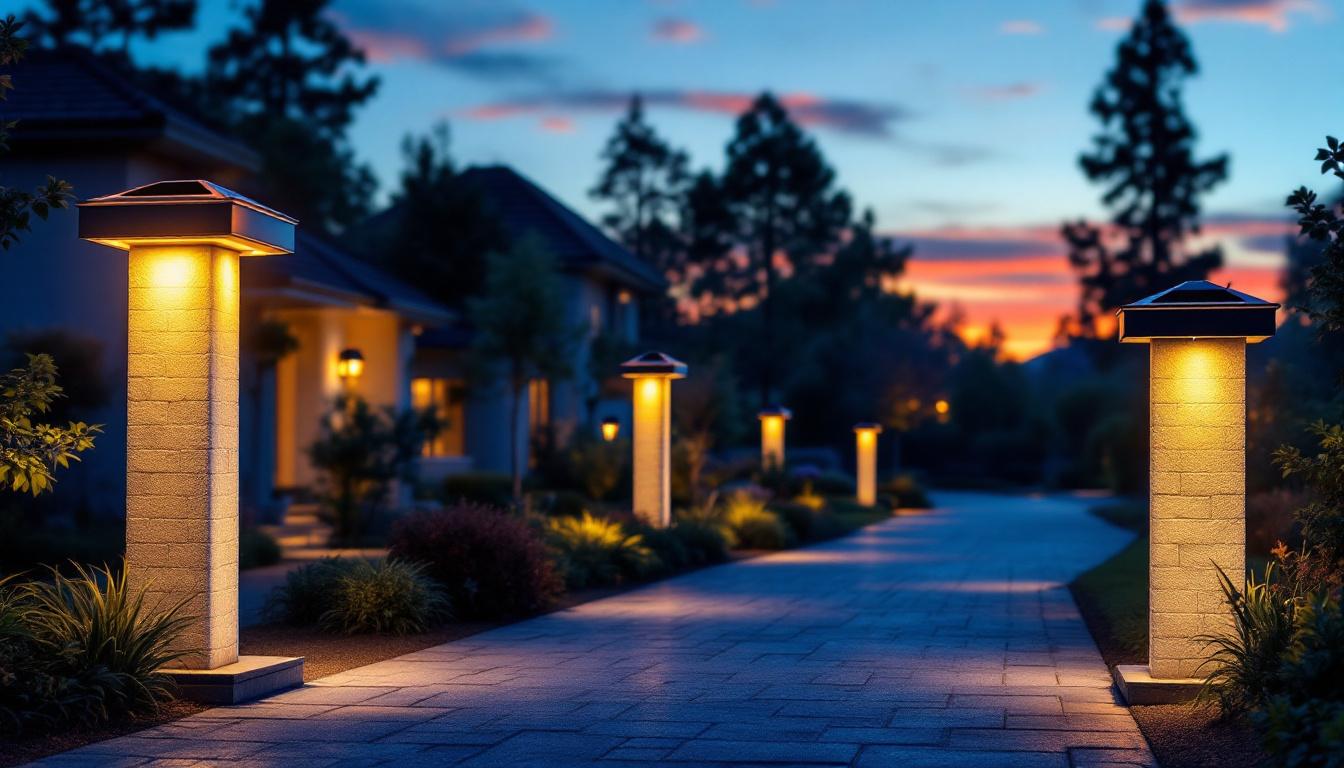 A photograph of a beautifully illuminated driveway with stylish solar lights adorning the pillars