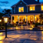 A photograph of a beautifully illuminated backyard featuring a variety of solar lights