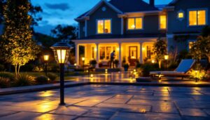 A photograph of a beautifully illuminated backyard featuring a variety of solar lights