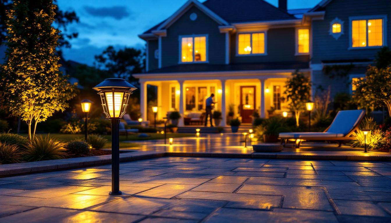 A photograph of a beautifully illuminated backyard featuring a variety of solar lights