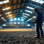 A photograph of a lighting contractor expertly installing arena lights in a horse riding arena