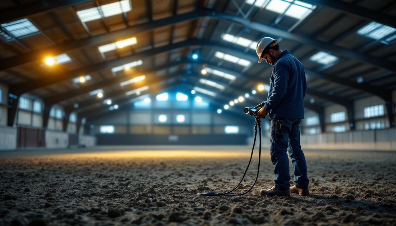 A photograph of a lighting contractor expertly installing arena lights in a horse riding arena