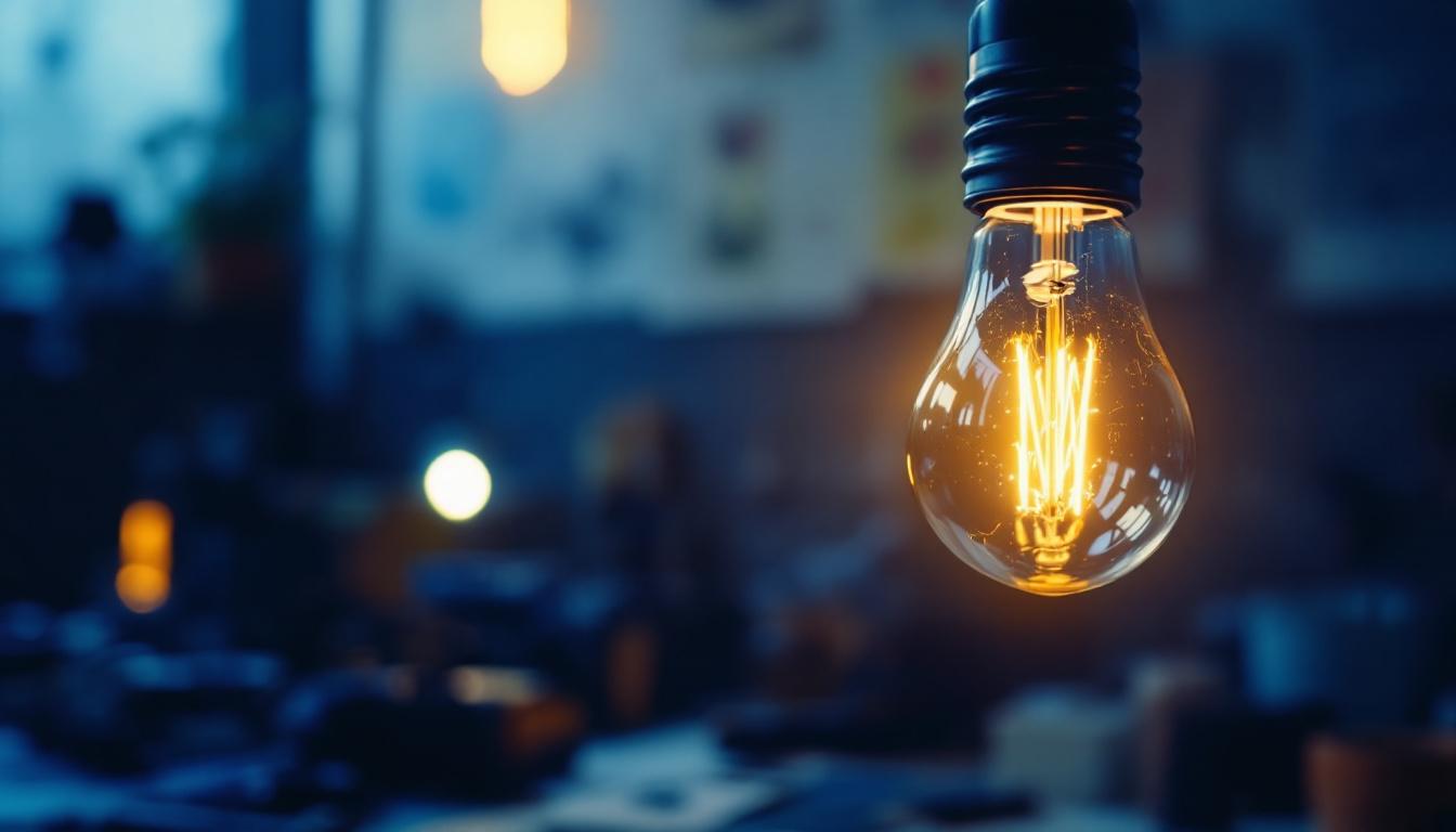 A photograph of a close-up view of a flickering light bulb in a dimly lit environment