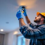 A photograph of a lighting contractor installing recessed lighting in a modern home setting